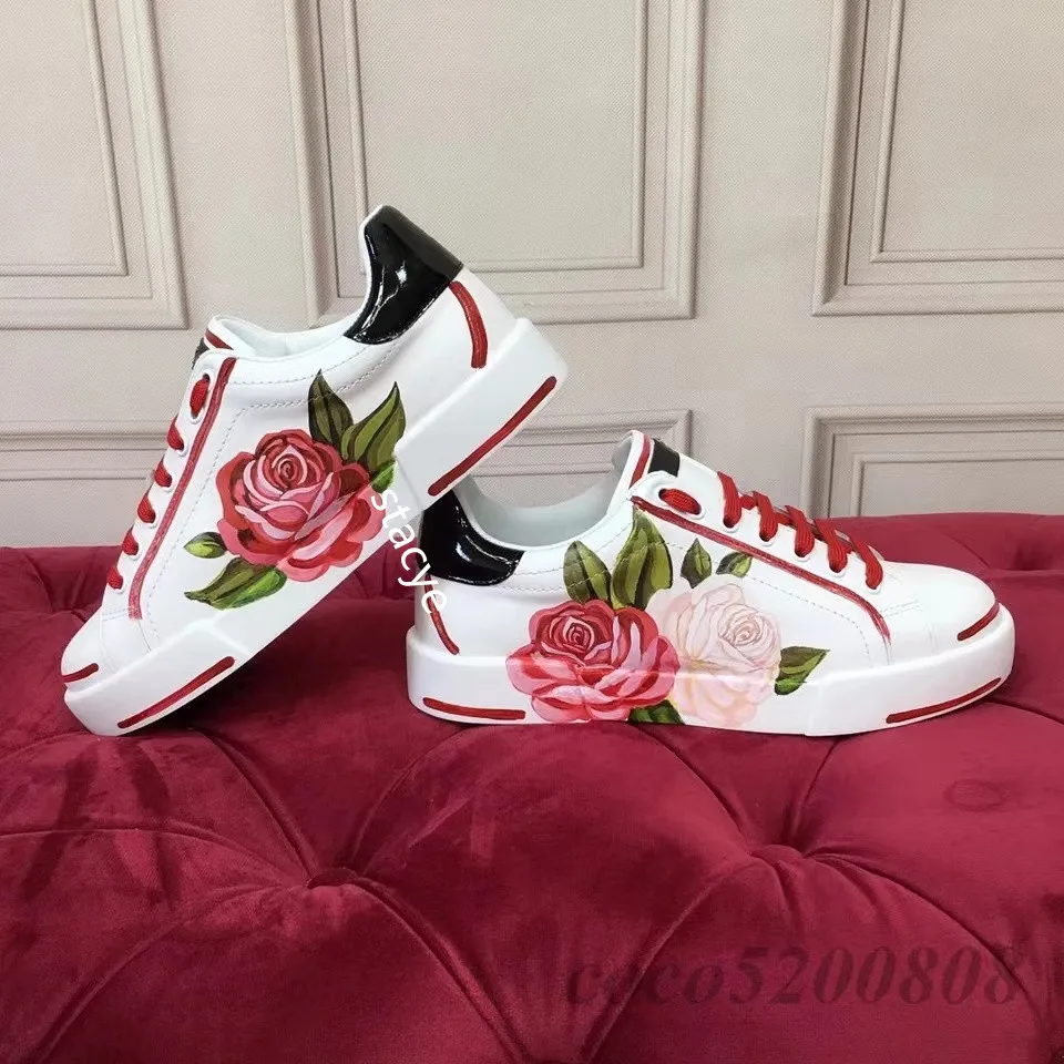 

Women's Flats Casual Shoes White Sports Shoes Rose Flowers Appliques Round Toe Genuine Leather Print Trainers Sneakers For Women