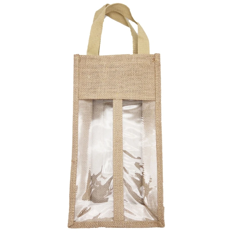 

Jute Wine for Carrier Reusable Burlap Tote Bags Clear Window with Handles Gift Bag Travel Storage for Wedding Holiday