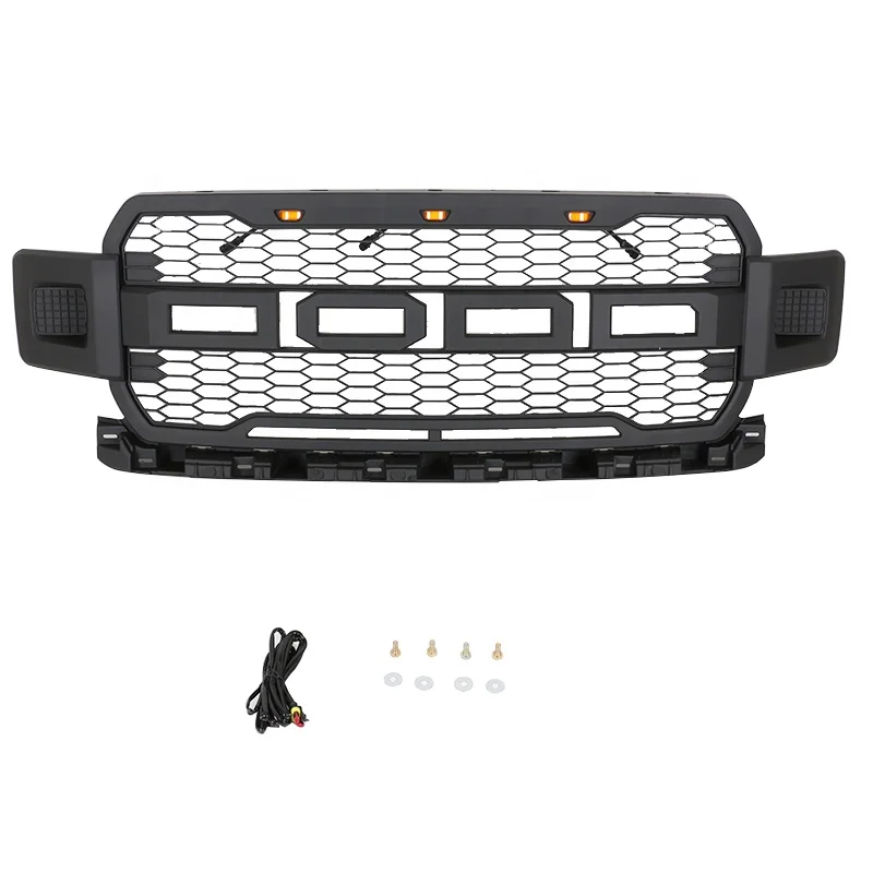 

Autopart Matte Black RP Style Honeycomb Mesh Front Hood Bumper Grill Grille ABS with Amber LED Lights fit For 18-19 Ford F150