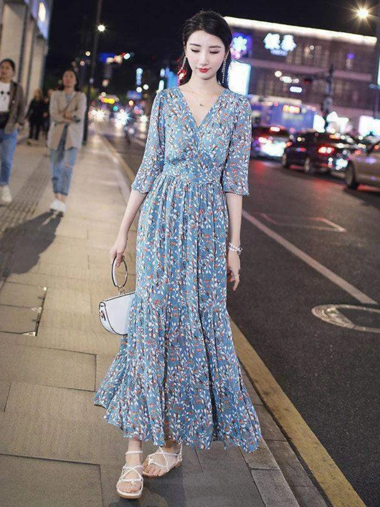 

French retro long casual women's chic party print dress flash sleeves V-neck ankle-length summer clothing