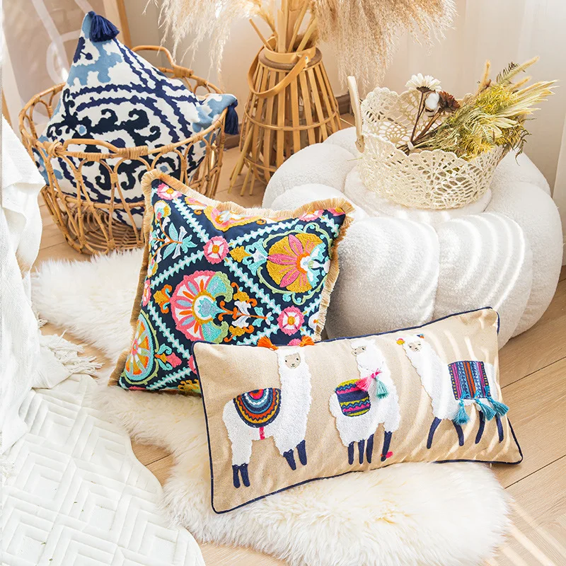 Cotton Linen Ethnic Cushion Cover Embroidered Tassel Morocco Throw