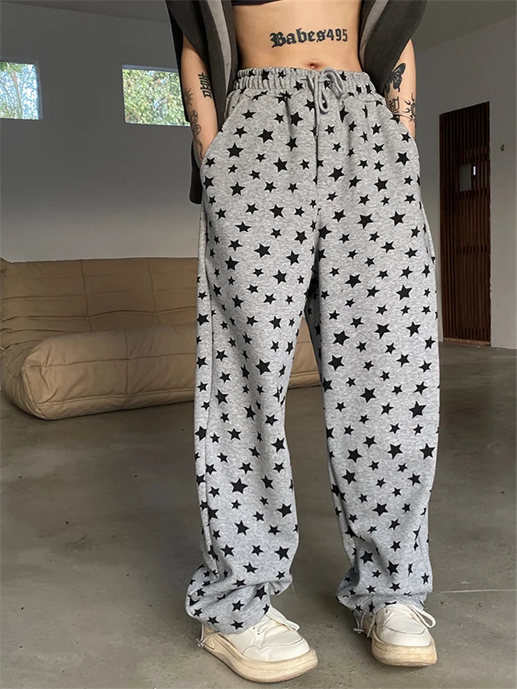 

QWEEK 90s Vintage Star Print Joggers Sweatpants Women Y2K Streetwear Oversize Sports Pants Hip Hop Retro Baggy Jogging Trousers