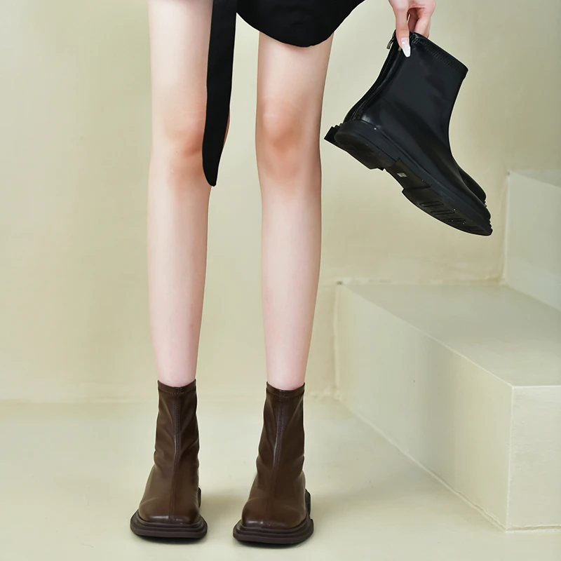 Women Vintage Square Toe Ankle Boots Thick Heels Short Boots New Fashion Autumn Winter Shoes Women Elastic Soft Shoes Footwear