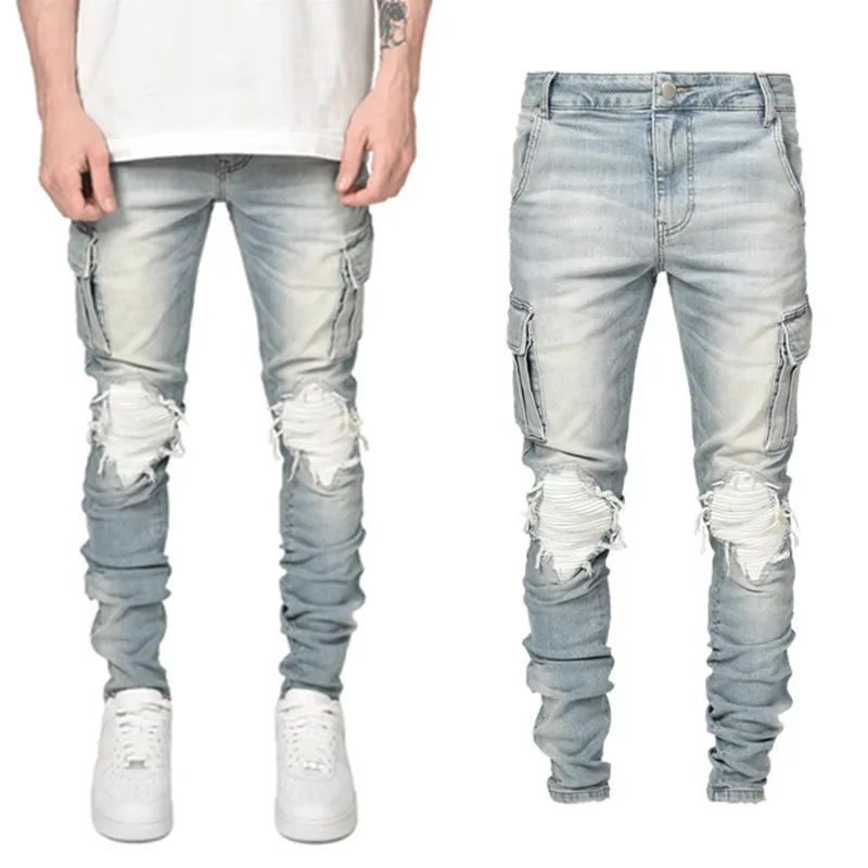 2022 New Men's Slim Jeans Hipster Multi-pocket Knee Holes Pencil Pants Streetwear Men Full Length Denim Jeans Trousers