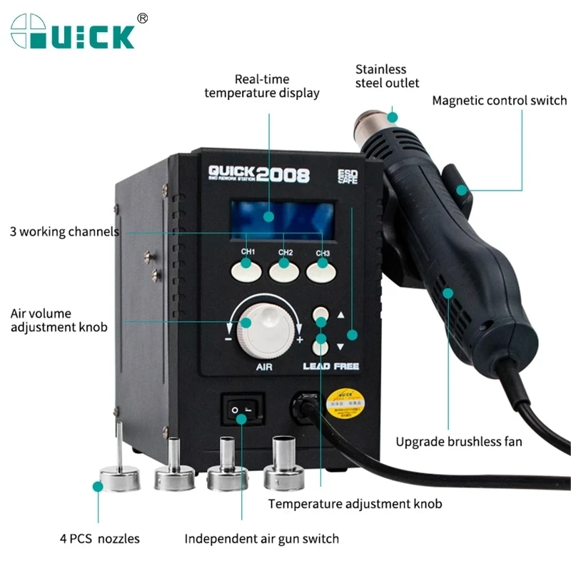 Original QUICK 2008 ESD Lead-Free Digital Display Heat Gun Welding Rework Soldering Station Mobile Phone Maintenance Air Gun