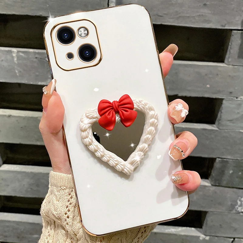 Plating Case For Samsung A34 A54 A53 A32 A33 A13 4G 5G A12 A73 A25 A31 A21S A14 Bows Cream Cake Heart Make-up Mirror_voghion.com