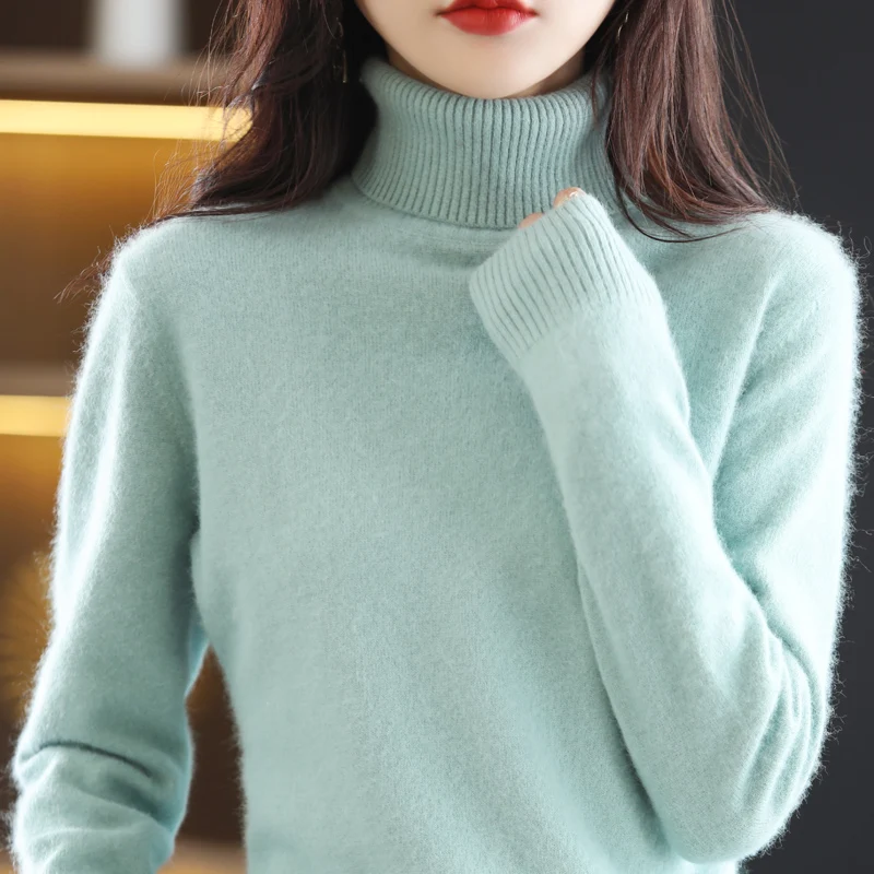 여성용 100% 밍크 벨벳 스웨터, 터틀넥 니트 풀오버 슬림 패션, 부드럽고 따뜻한 단색, 23 색 상의, 가을 및 겨울 신상
