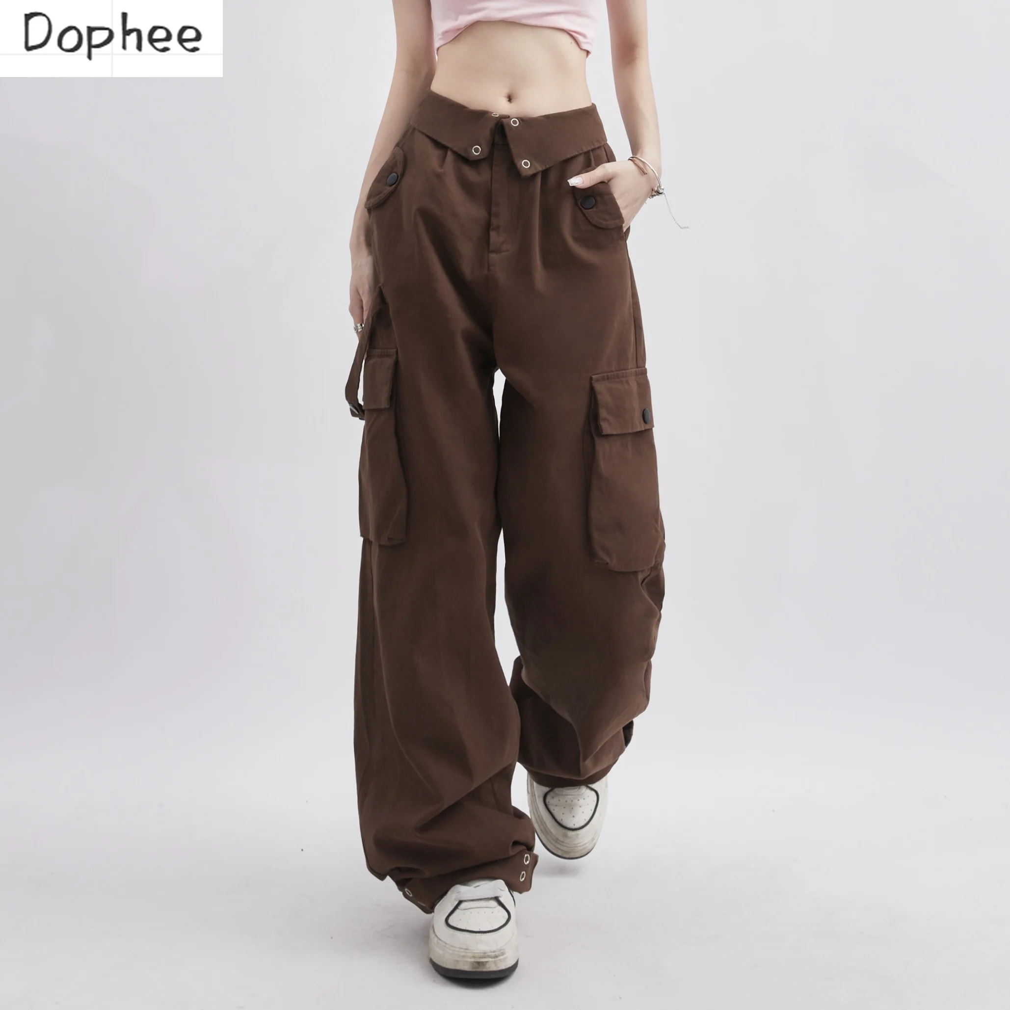 

Dophee Female Cargo Pants 2023 New Autumn Streetwear Loose Wide Leg Pants Revers High Waist Pockets Casual Trousers Overalls