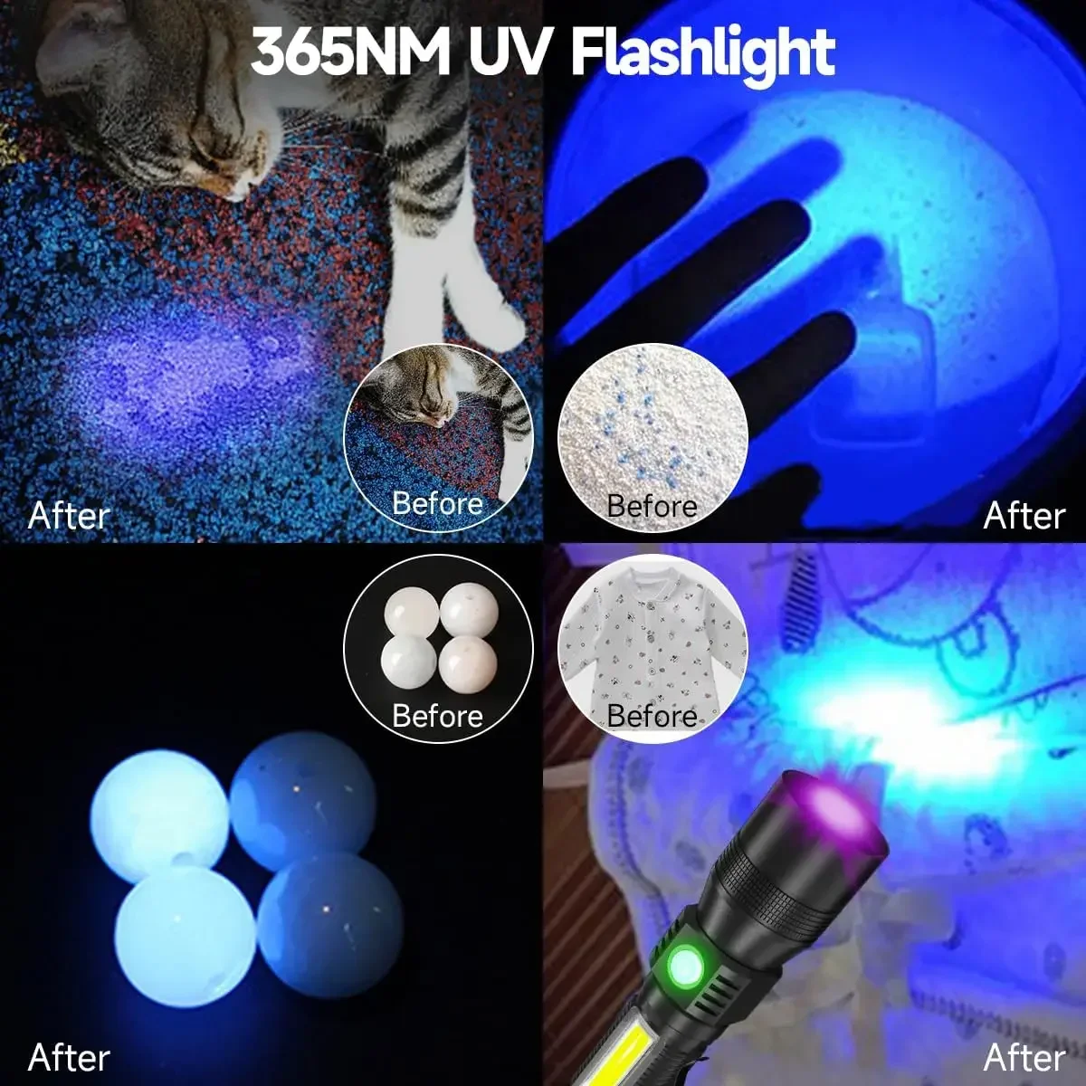 395nm UV Flashlight Blacklight Zoomable USB Rechargeable UV Light for Pet Urine Detection Resin Curing uv flashlight