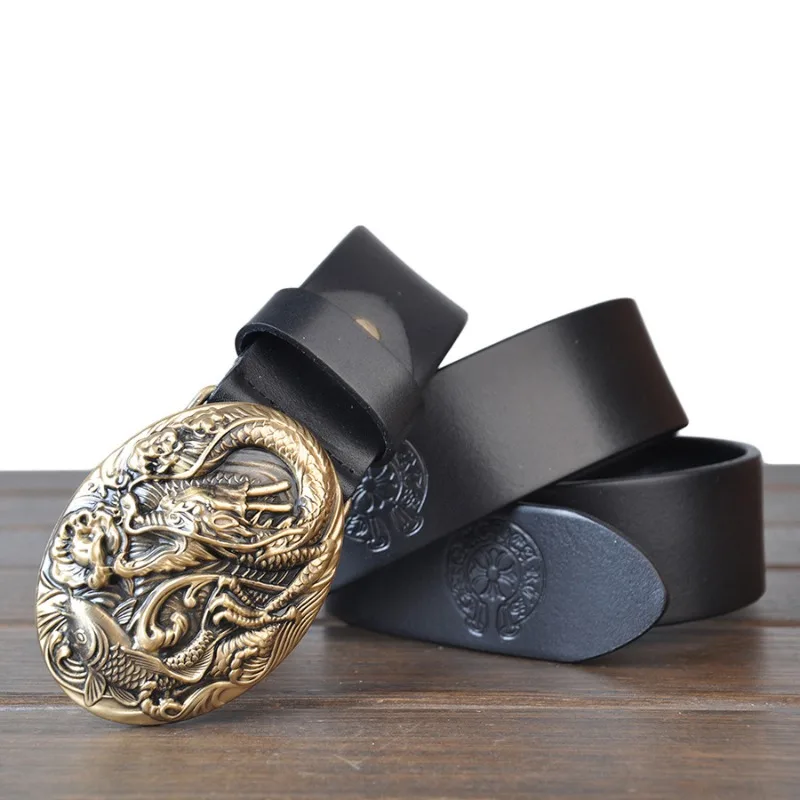 

Arowana Pure Copper Buckle Men Top-level Cowhide Belt Vintage Style High Quality Cowboy Smooth Buckle Men Belts