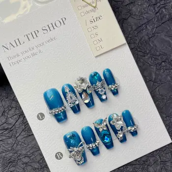 10 PCS Luxury Handmade Press on Nails Middle Coffin Love Fully-jewelled Design with 3-PIECE Tool Adhesive Nail Glue Tabs