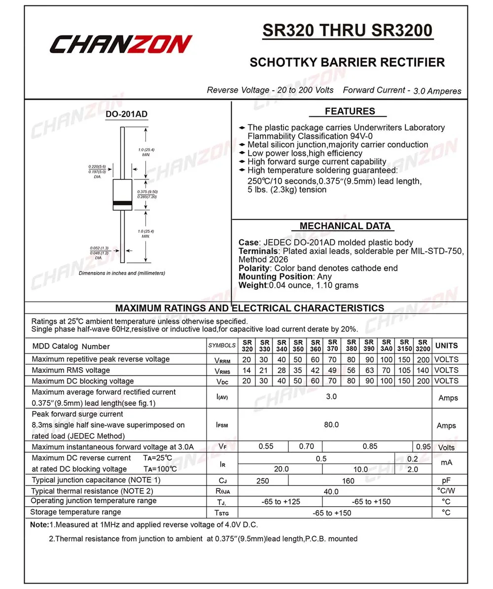 SR3200 200V 3A Diode Schottky équivalent SB3200