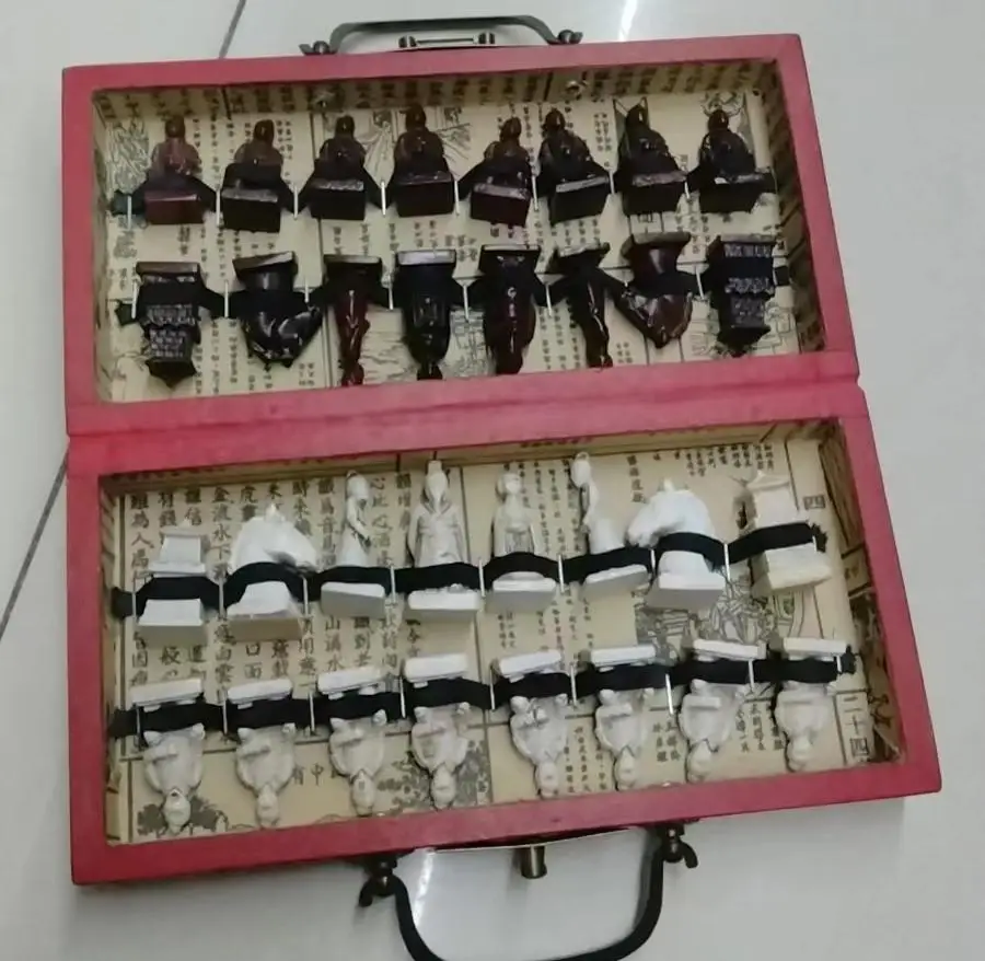 

Rare Chinese Dragon wood Leather box with 32 Chess Set +Gift+ FREE SHIPPING