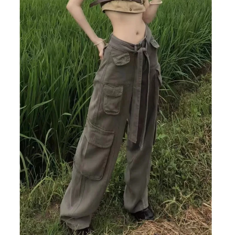 Retro Casual Large Pocket Overalls High Street Men's And Women's Trousers High Waist Loose Straight Tube Draped Wide Leg Pants