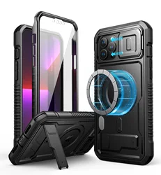 Full Body Rugged Armor Magnetic Case with Camera Cover, Built - in Screen Protector, and Kickstand (Black)