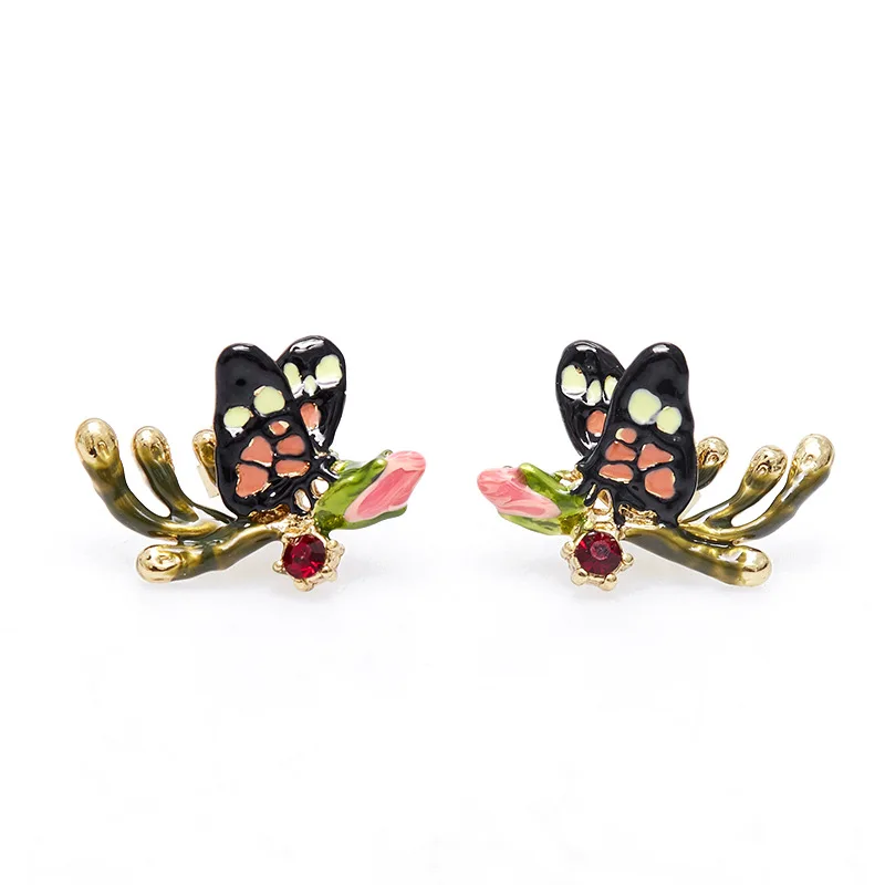 French Fashion Enamel Glaze Pink Rose Blossoms Black Butterfly Asymmetric Earrings Rural Style Female Wedding Ear Decoration