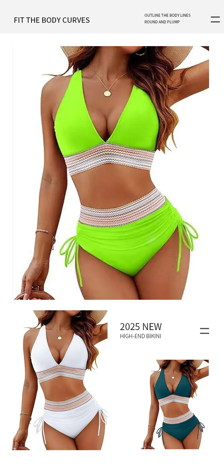 Neue Sexy Trikini einfarbig Strap welle bademode v-ausschnitt bikini set frauen push-up badeanzug Hohe taille beachwear badeanzüge – Detail 5