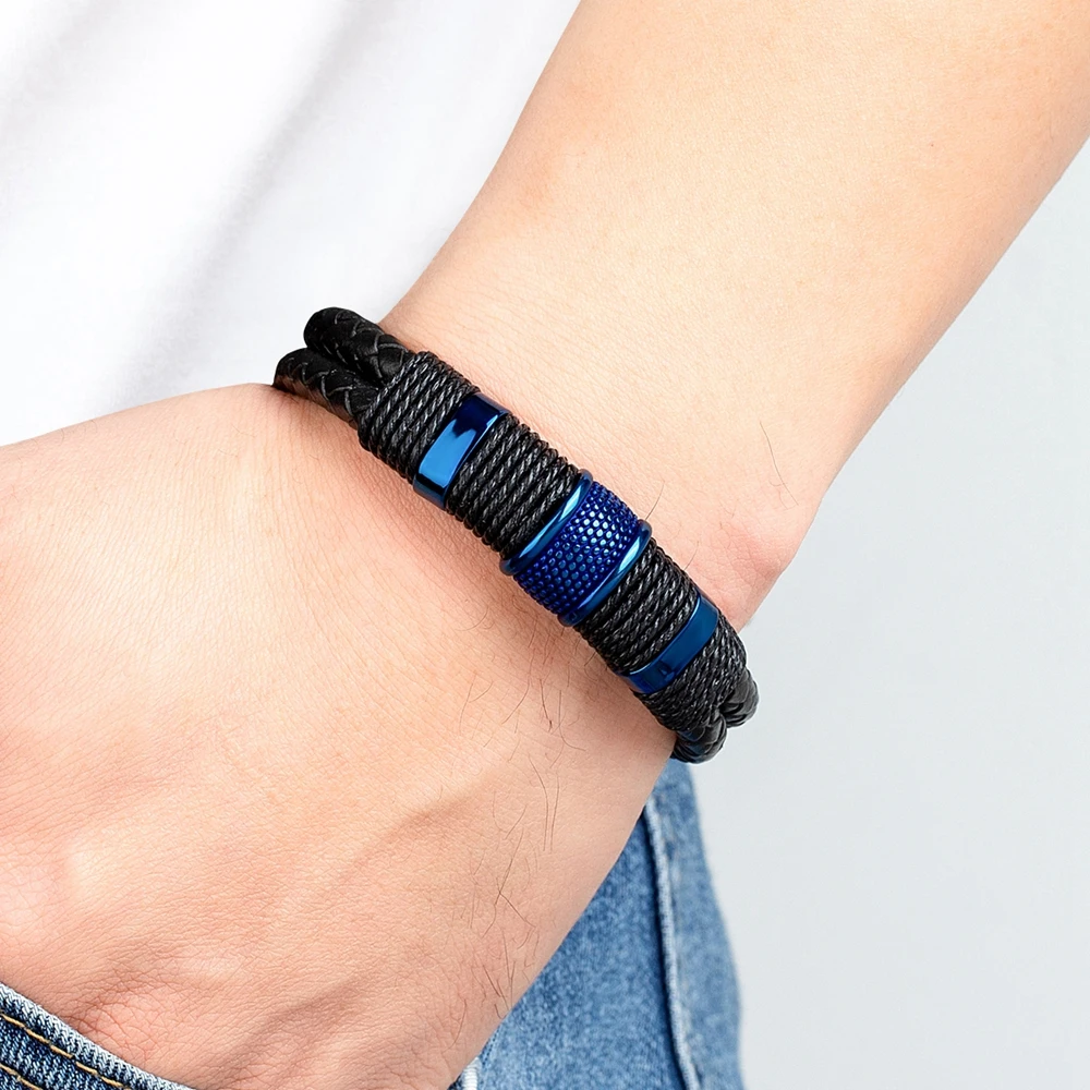 Black Blue Braided Leather Bracelet for Men Stainless Steel - Image 2