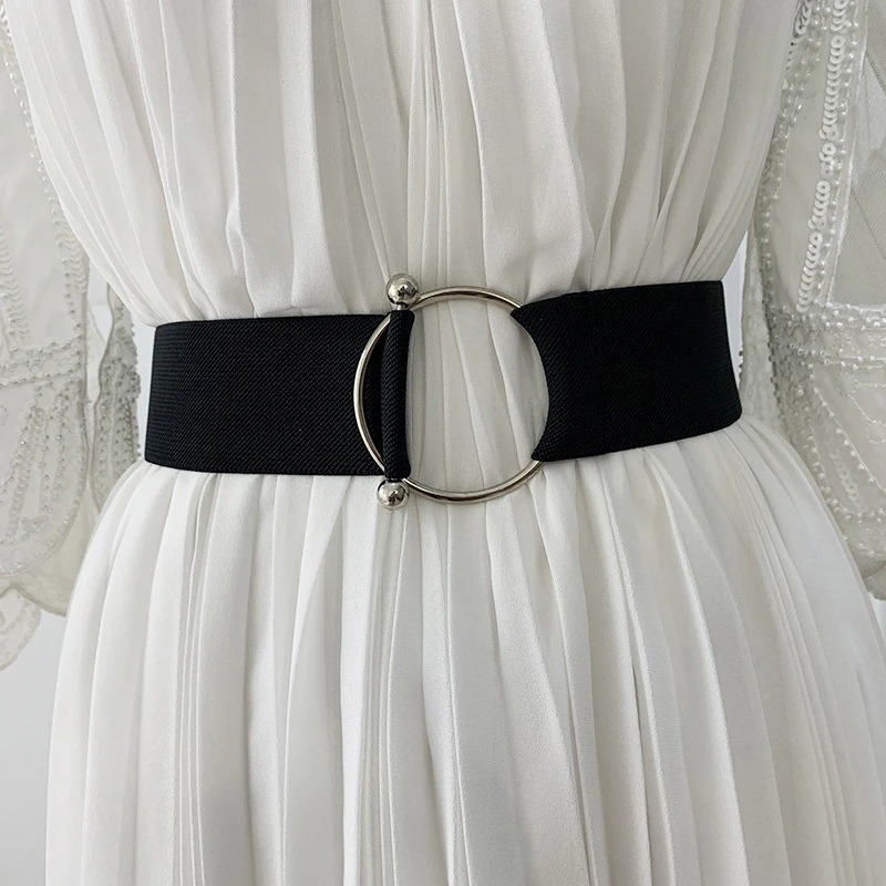 

Belts For Women Black Simple Waist Casual Elastic Ladies Band Round Buckle Decoration Coat Sweater Fashion Dress Accessories