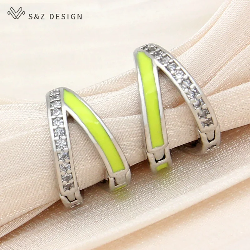 S&Z DESIGN New Fashion Luxury 585 Rose Gold Color Enamel Drop Earrings For Women Girl Wedding Jewelry Cubic Zirconia Eardrop