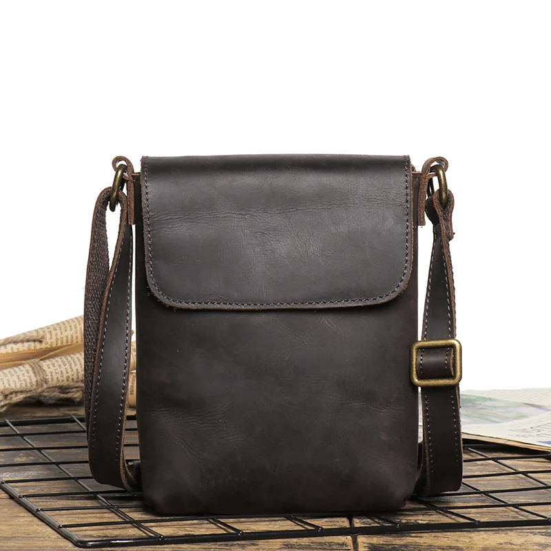 

Men Retro Zipper Flip Black Small Shoulder Bag Genuine Leather Sling Crossbody Bags Minority Design Man Simple Phone Bag