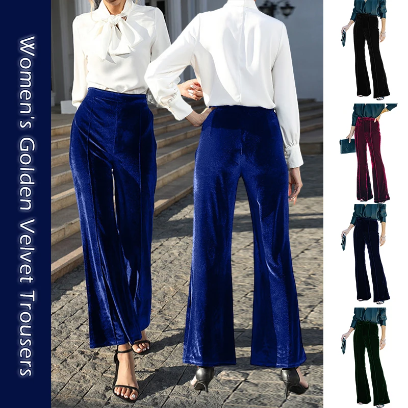 Autumn High Waist Velvet Flare Pants Velvet Pleuche Slim Flared Trousers Women Wide Leg Velour Flare Pants Lady Party Club Pants