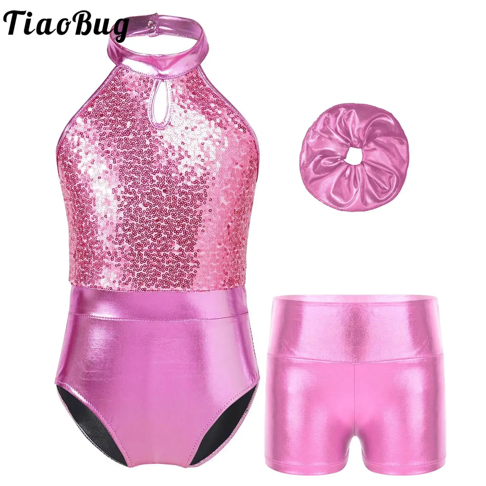 

Kids Girls Halter Sequins Ballet Dance Set Shiny Athletic Gymnastics Leotard+Shorts Jumpsuit Unitard Outfits for Jazz Hip-Hop