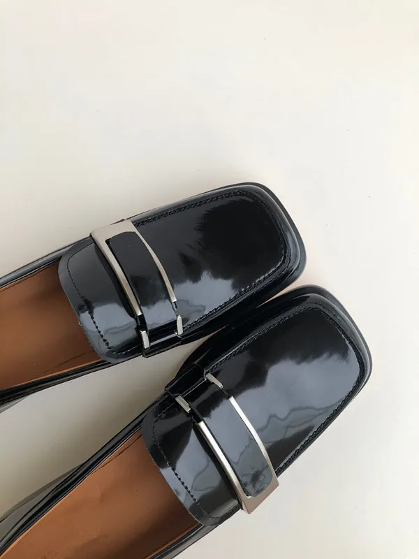 Withered French Style  Shoes Women Office Lady Genuine Leather Retro Square Toe Slip-On Loafers Women Flat