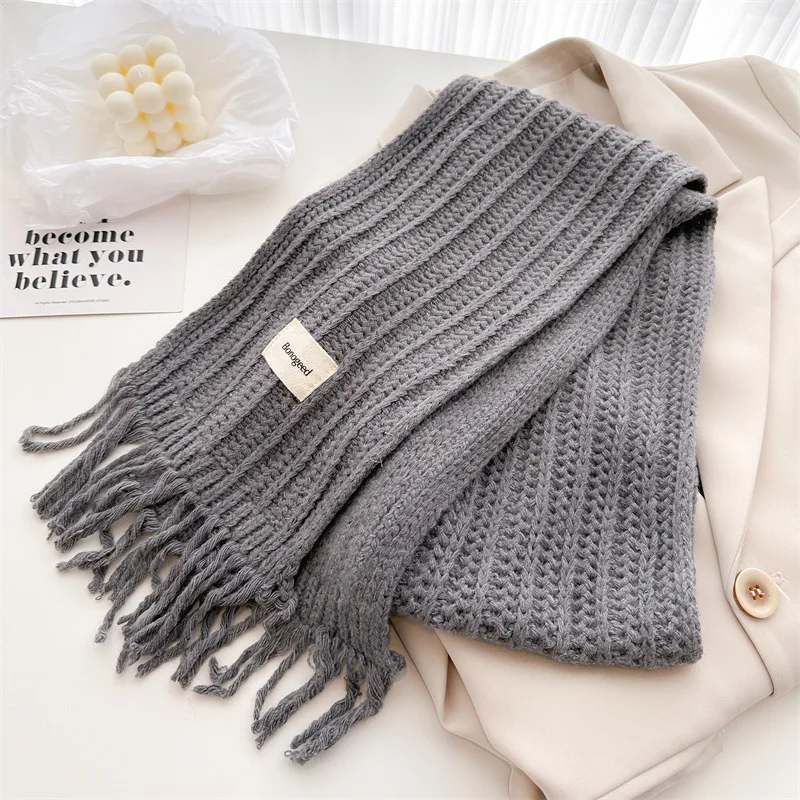 Winter Plain Dicke Quaste Wolle Gestrickte Schal Schal Dame Casual Hohe Qualität Wrap Pashmina Stola Bufandas für Outdoor-Aktivitäten – Detail 6