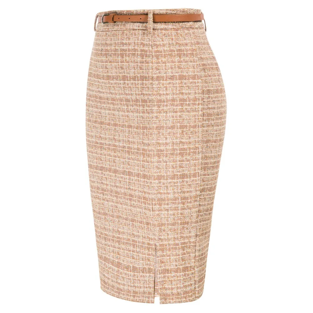 KK Women Bodycon Skirt Fashion Tweed Latticed Printed With Belt High Waist Knee Length Slit Front Work Office Lady Skirts