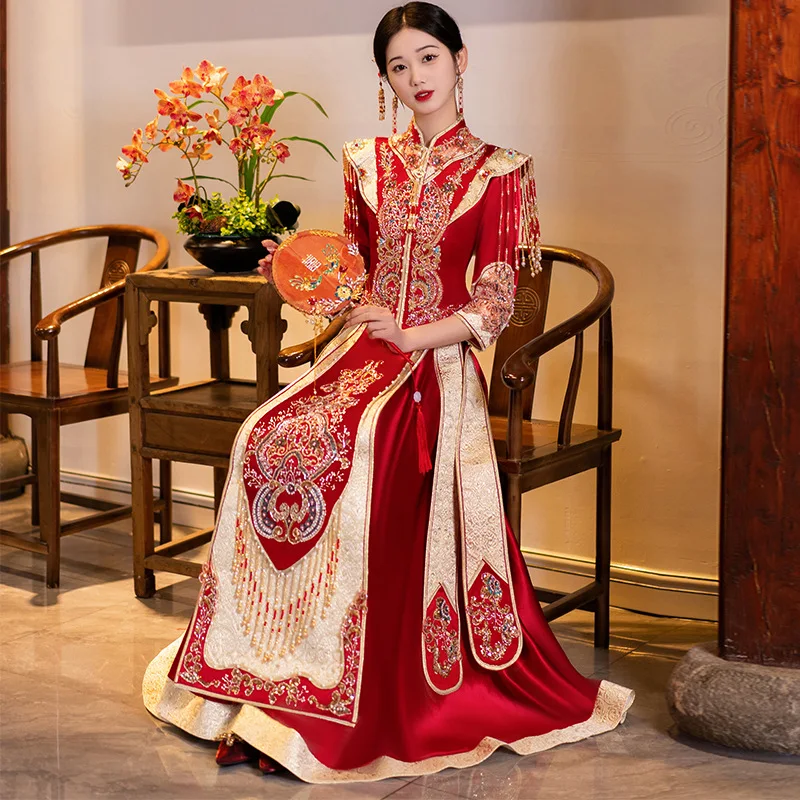 

Traditional Women Wedding Dress Toast Clothing Bride 2023 New Tang Suit Modern Sequins Beading Tassels Cheongsam Red Qipao