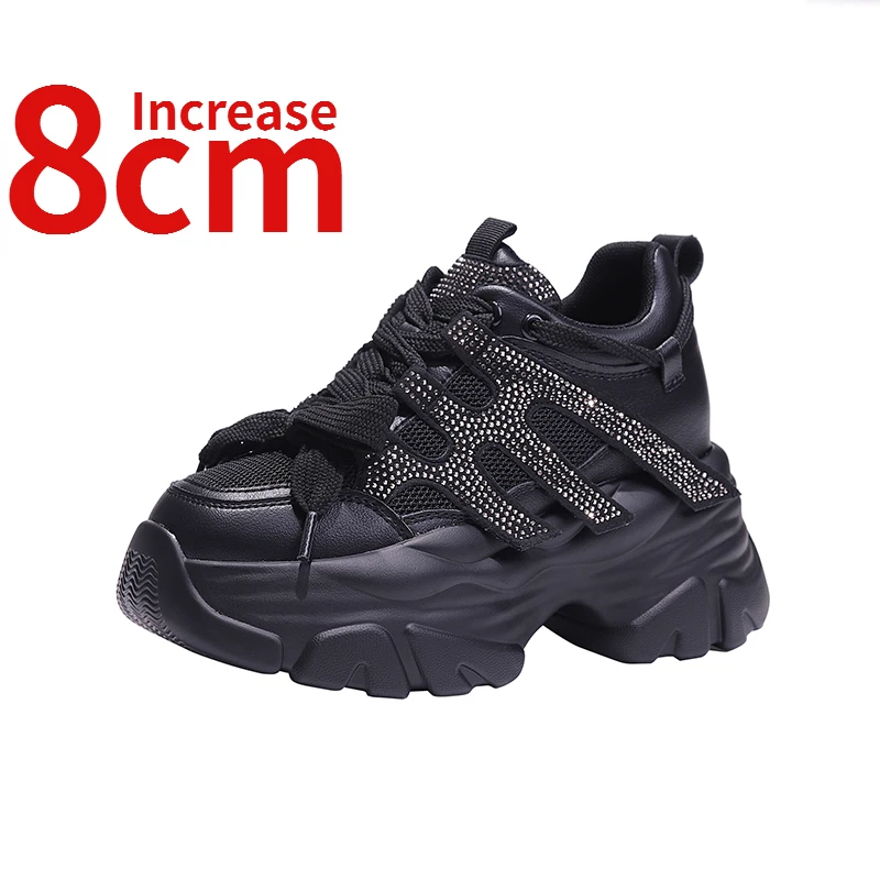 

European Shoes for Women Increased 8cm Genuine Leather Ins Trendy Design Water Diamond Invisible Heightening Dad's Shoes Women's