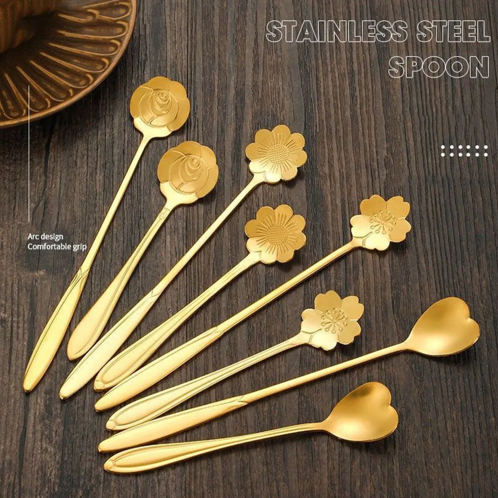 6pcs Gold Cherry Flower Stainless Steel Tea Spoons Set Coffee Honey Dessert Ice Cream Scoop Long Handle Teaspoon Cafe Tableware