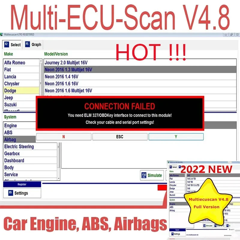 

2022 New Multiecuscan V4.8 For Fiat/Chrysler/Dodge/Jeep/Suzuki Scanner Software 4.8 Work With ELM327 / OBD II Diagnostic Tool