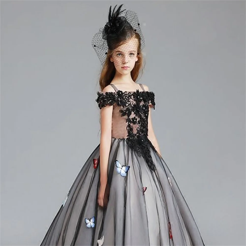 

First Communion Dresses Black Elegant Tlle Butterfly Ornament Strap Flower Girl Princess Dress Wedding Party Fantasy Kids Gift