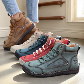 أحذية للنساء أحذية جلدية كبيرة الحجم موضة أحذية الكاحل النسائية اليدوية خياطة جديدة حذاء كاجوال مسطح أحذية رياضية جديدة للنساء 3