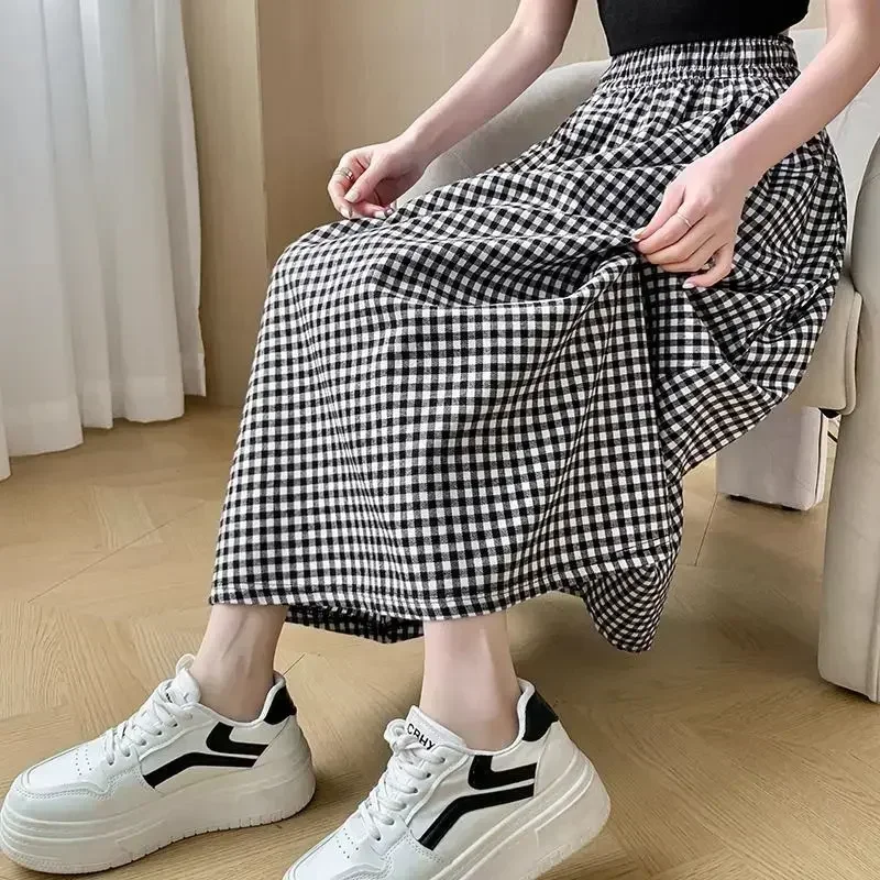 Women A-line Skirt High Waist Slim Summer Pocket Long Skirts Black White Lattice Cute Sweet Girls Half Skirt Girls Clothing