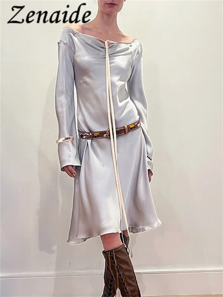 

Zenaide Bandage Satin Dress Spring Long Sleeve Sexy Off Shoulder Midi Dresses Party Club Women 2024