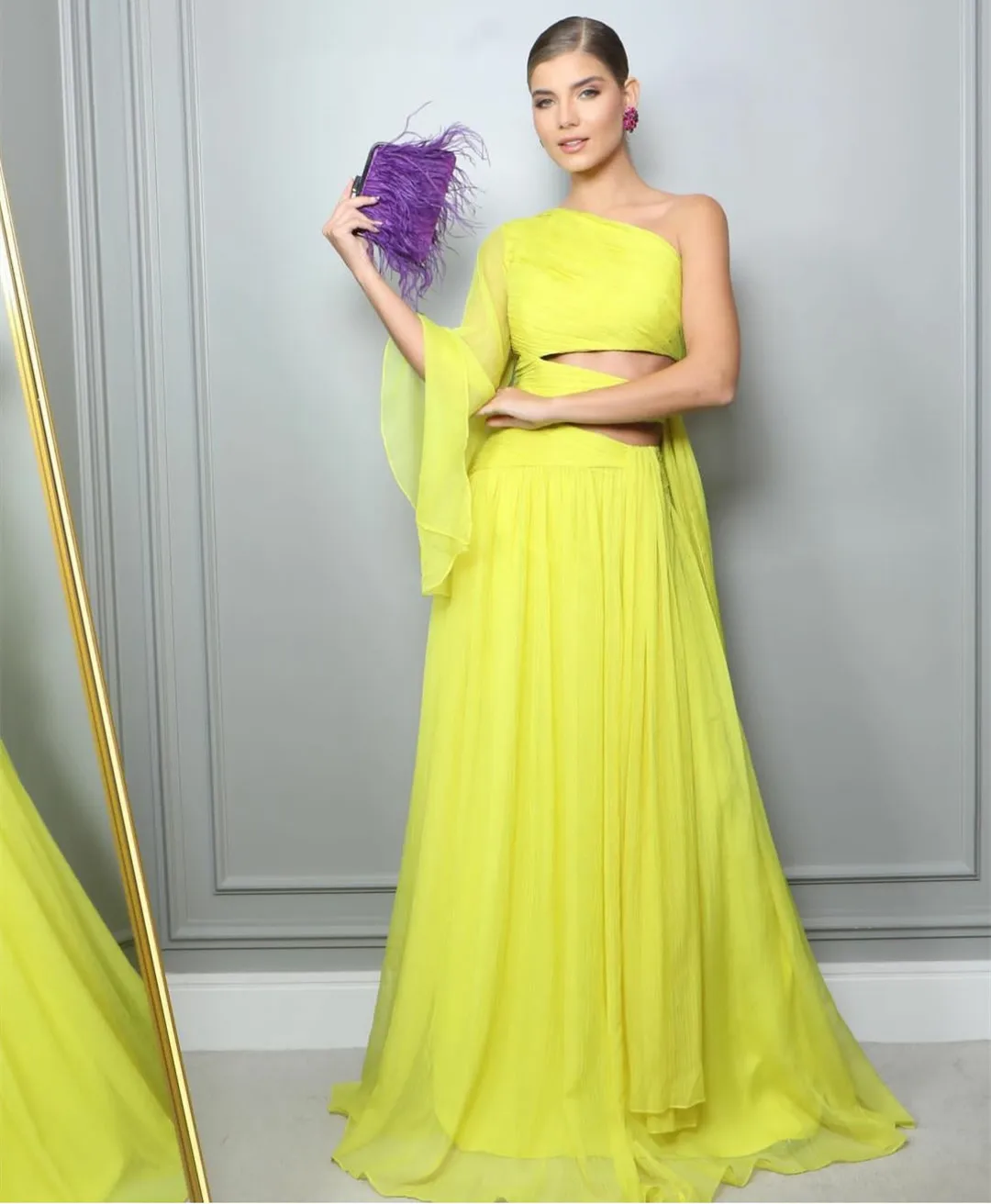 

Vintage Long One Shoulder Chiffon Yellow Prom Dresses With Slit A-Line Pleat Small Train Robes de soirée Evening Dress for Women