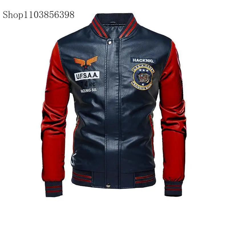 New Motorcycle Leather Jacket Men's Casual Fashionable Embroidered Baseball Jersey Slim Fit Zipper High Quality PU Jacket Male