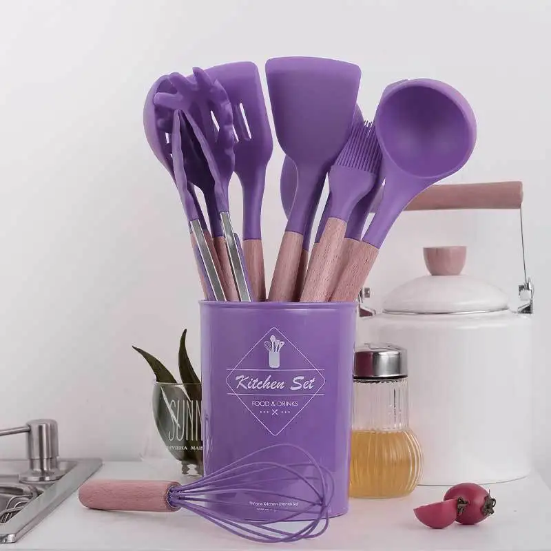 

purple Silicone Kitchenware Cooking Utensils Set Non-stick Cookware Spatula Shovel Egg Beaters Wooden Handle Kitche Tool Set