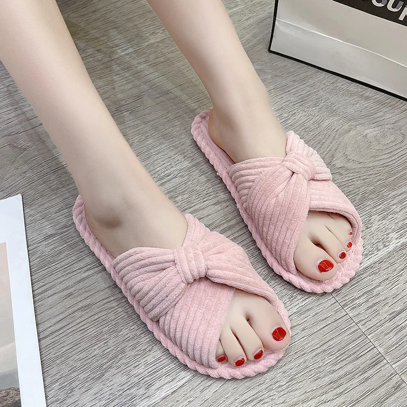 

Women Fashion Corduroy Cross Slippers Cute Butterfly-Knot Home Slides Flat Indoor Floor Flip Flops Outdoor Casual Ladies Slipper