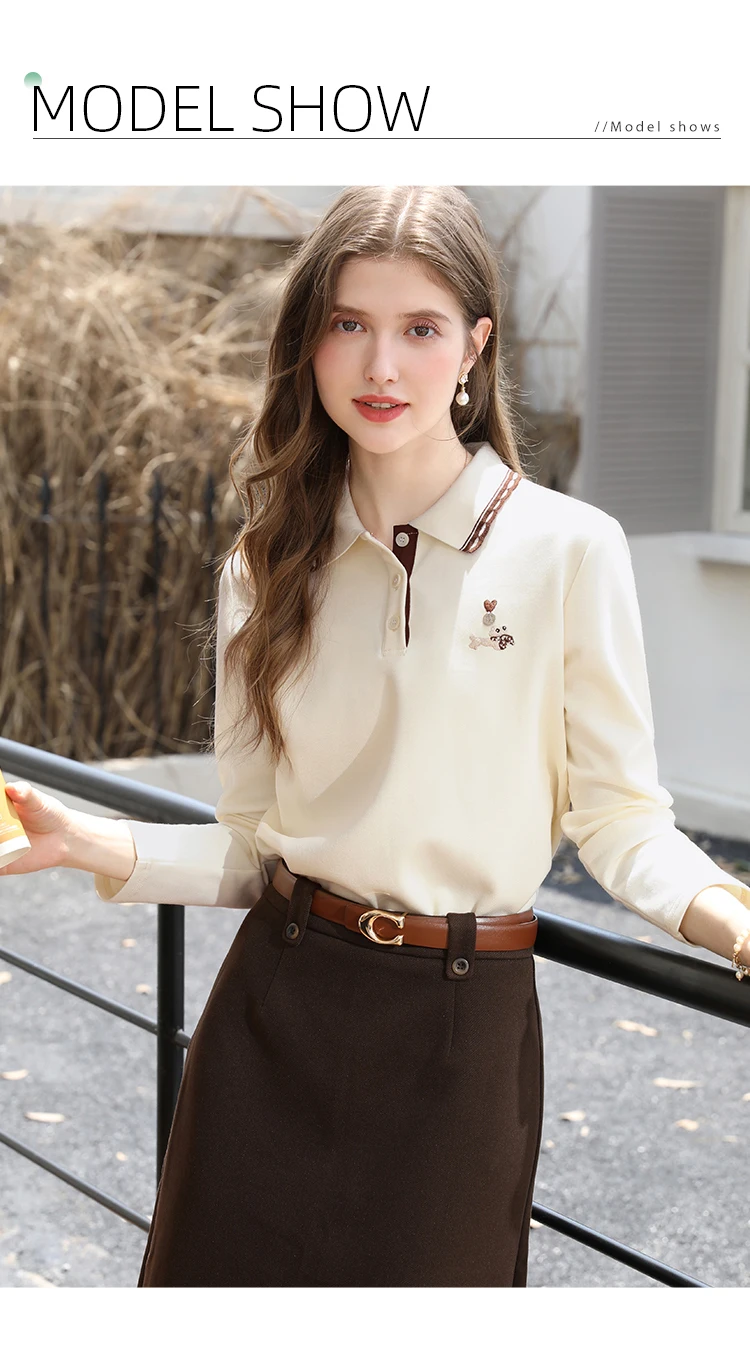 Polo Neck T-shirt - Long Sleeve Apricot Top With Embroidery Detail | Casual Women Shirt