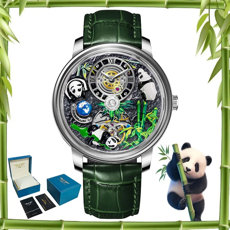 PINDU Panda Series Treasure Zoo Art Mechanical Watch Rotating Crystal Ball 45mm