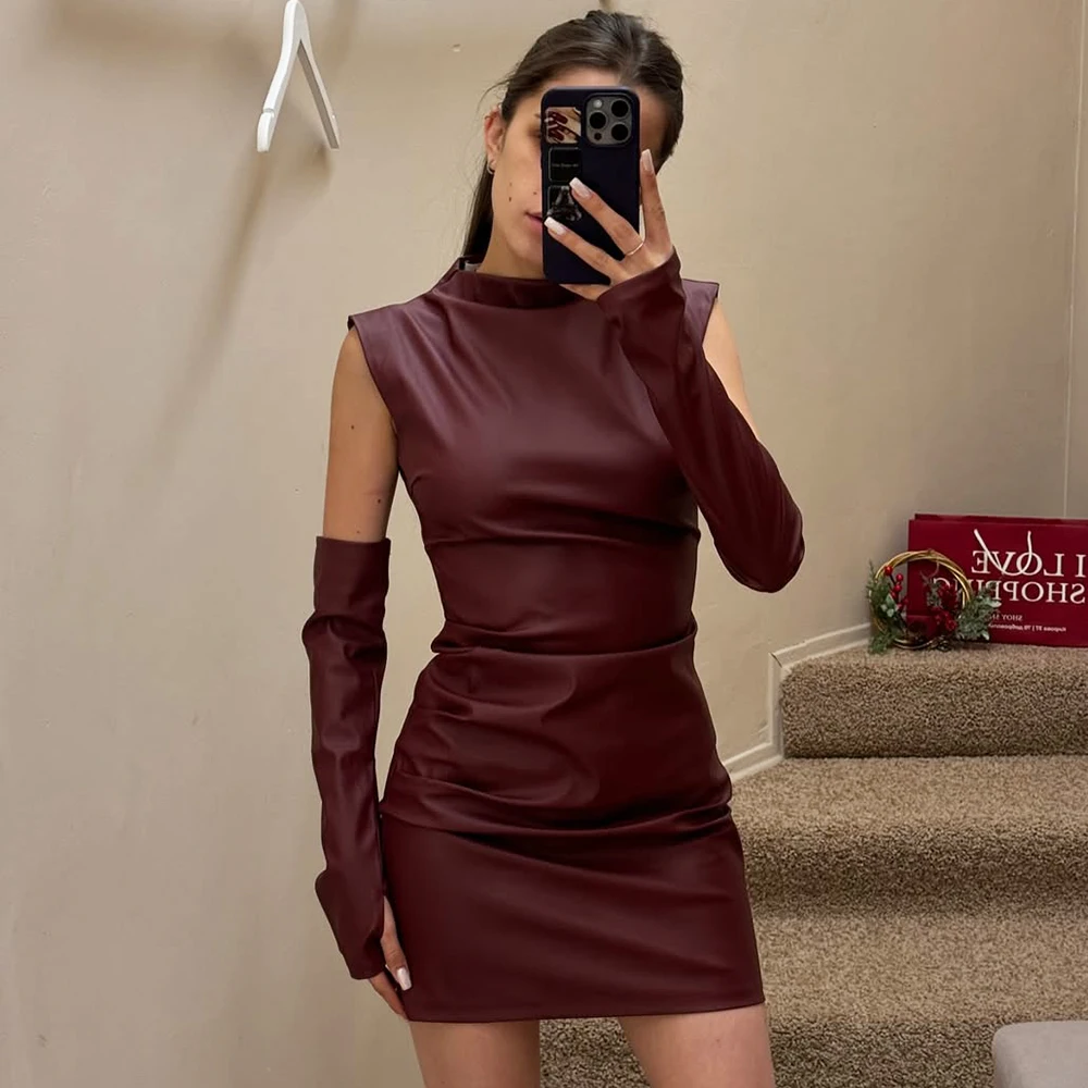 burgundy vegan leather dress Burgundy Faux Leather Ruffle Hem Mini Dress main image 0