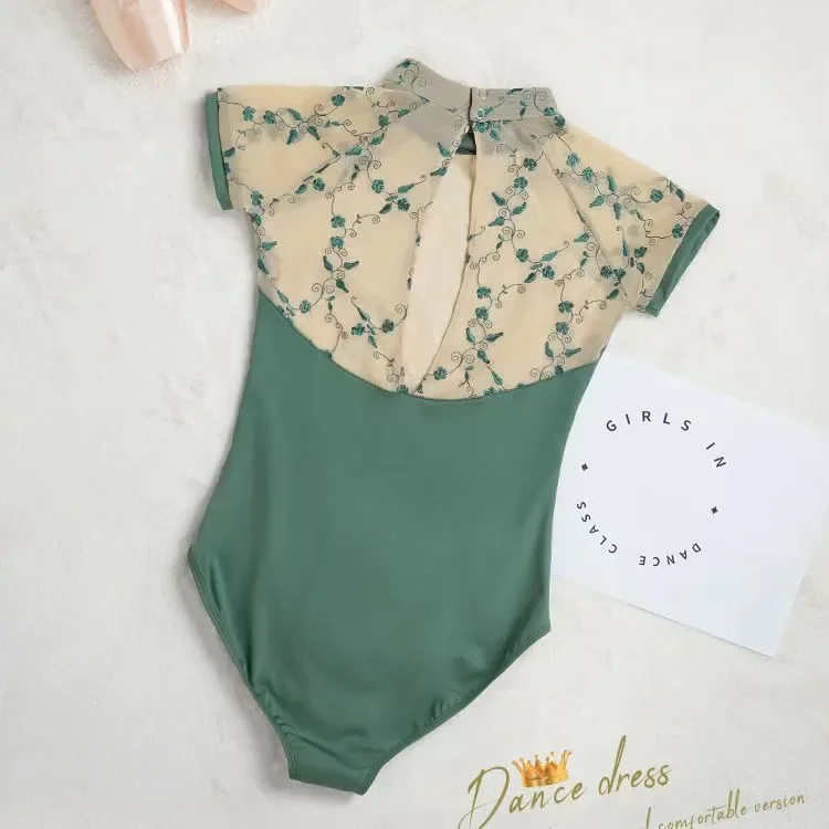 

Балетное трико для женщин, вышитый сетчатый купальник для взрослых, трико с воротником-стойкой и скрытой пряжкой, танцевальная одежда, V-образный балетный купальник