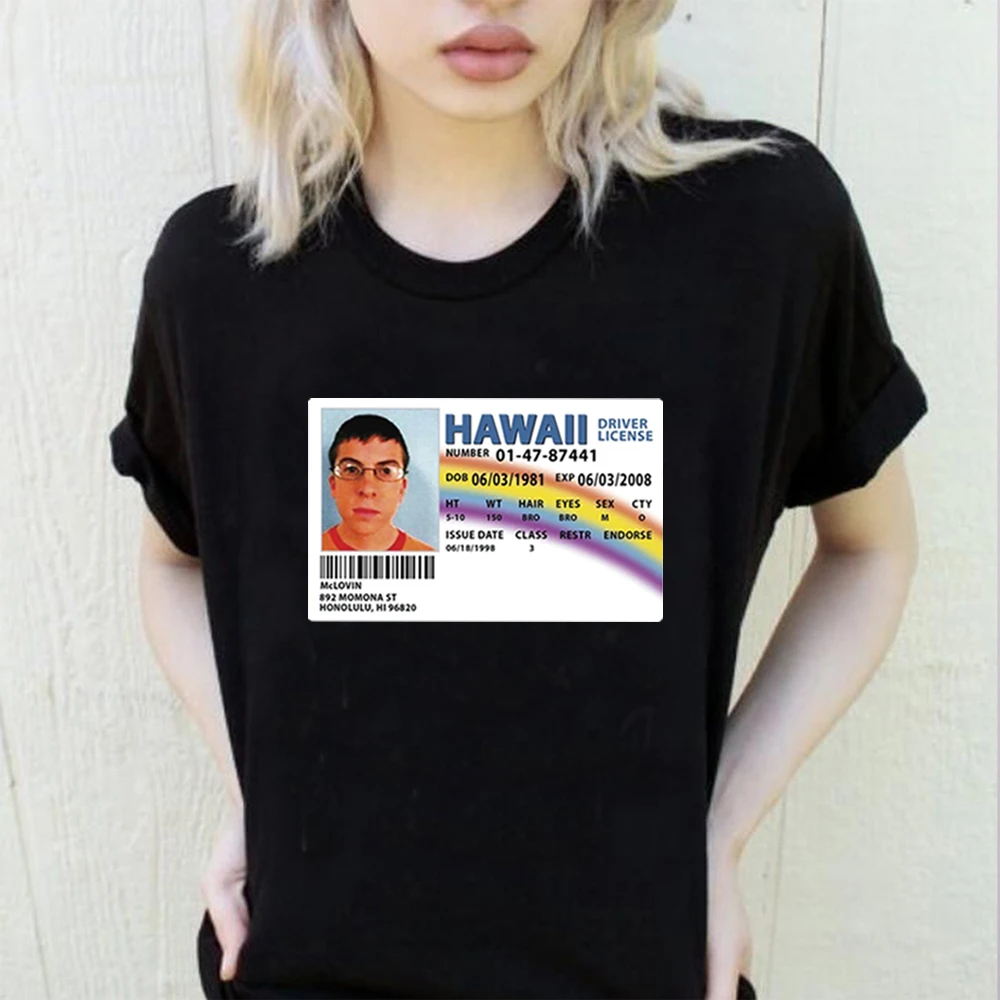 

McLovin ID из суперплохой футболки Гавайский фальшивый ID шуточная рубашка смешной McLovin графическая футболка в стиле фильма винтажные женские топы в стиле Харадзюку