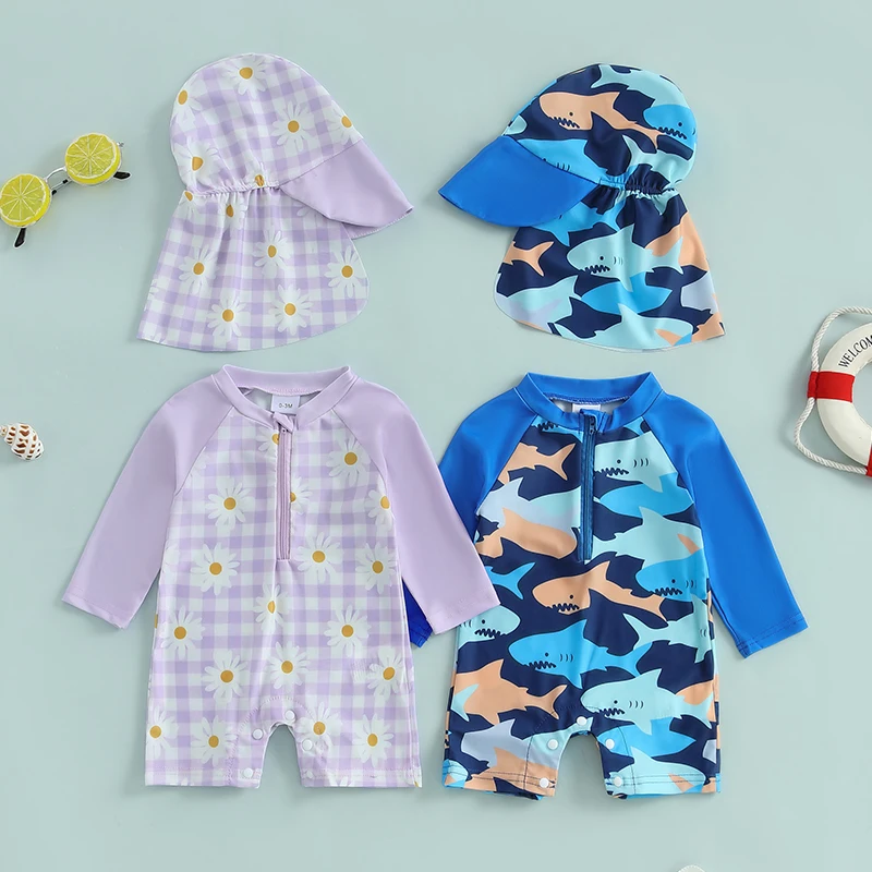 Lioraitiin Toddler Girls Boys Rash Guard Swimsuit Playsuits Long Sleeve Daisy/Shark Print Kids Bathing Suit with Swim Cap