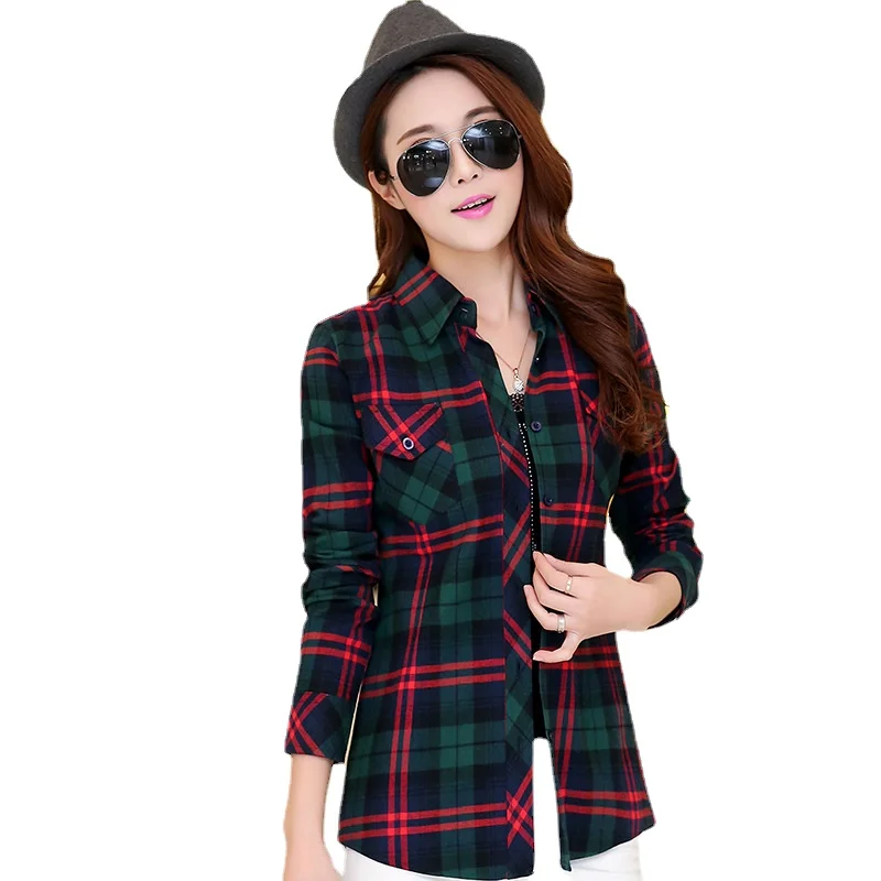 

Woman Plaid Shirt Casual Lapel Oversized Blouses Women Checkered Cotton Shirts Female Long Sleeve Tops Blouse Vetement Femme
