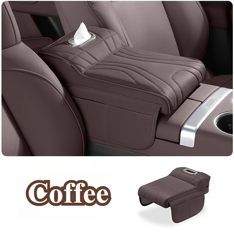 Car Armrest Box Height Increase Pad with Storage Bag and Leather Protective Cover
